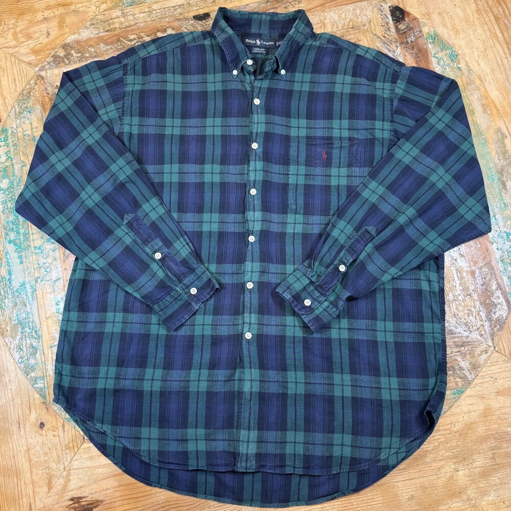 Ralph Lauren Vintage Polo 90s button down shirt XL Black Watch Plaid Marlowe